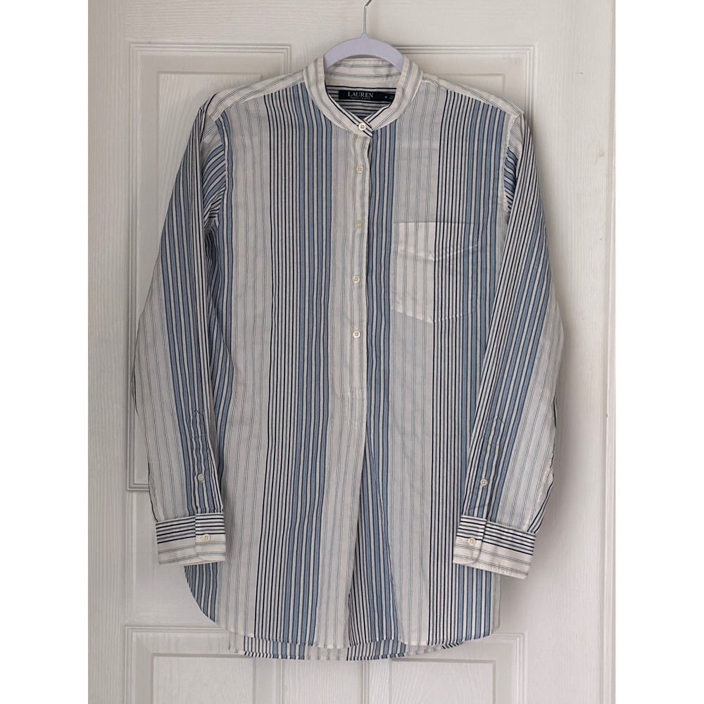 Lauren Ralph Lauren Blue White Striped Mandarin Collar Pullover Shirt M